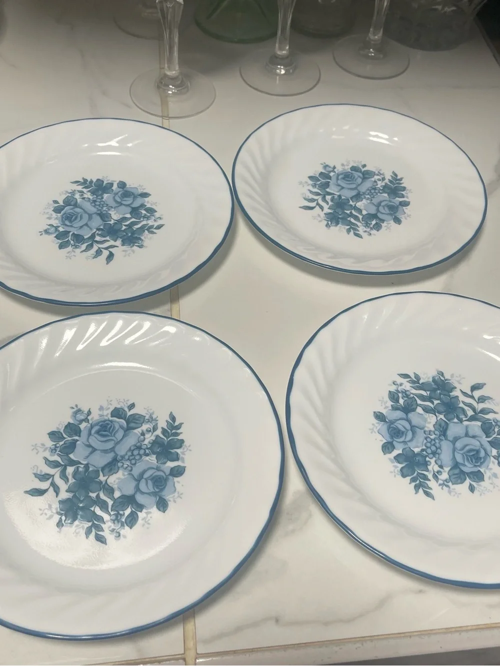 Corelle White Salad Plates with Blue Rose Bouquet - Set of 4